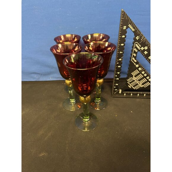 Set Of 5 Vintage Red & Green Glass Goblets With Gold Accents - Picture 4 of 4